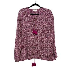 Megan Park Cottagecore Pink Silk Blend Blouse Womens Size 4 Boho Peasant Tassel
